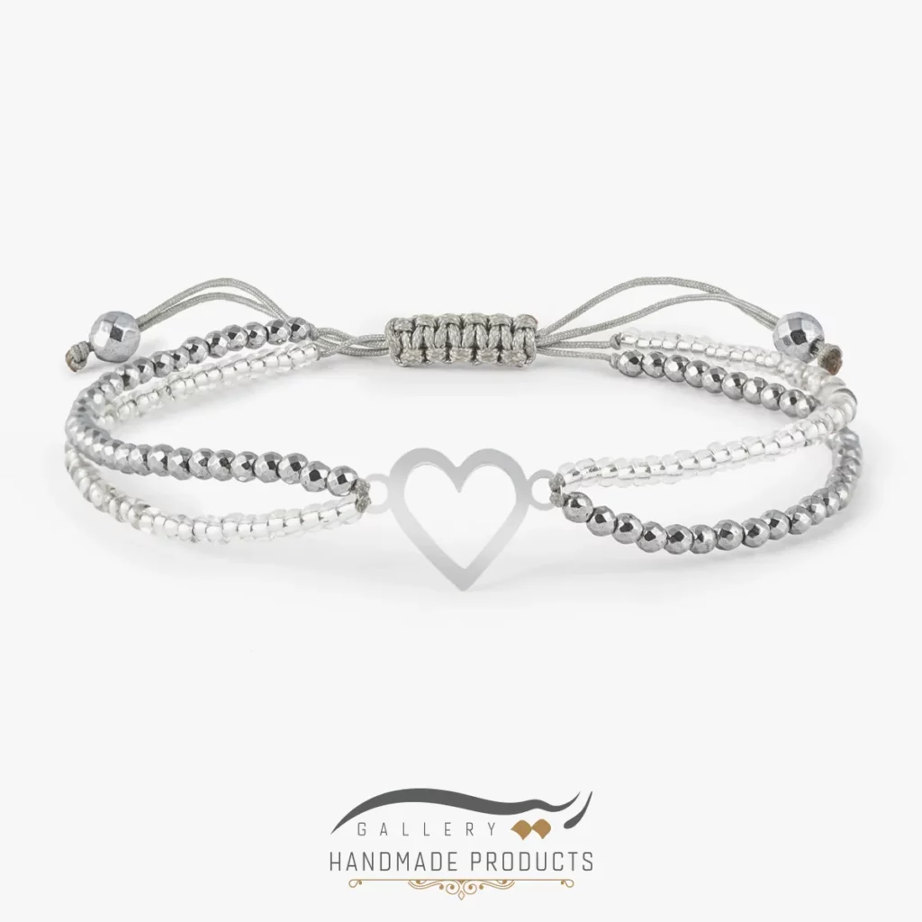 دستبند نقره زنانه قلب مینی یخی (ساخته شده از نقره، حدید و منجوق)