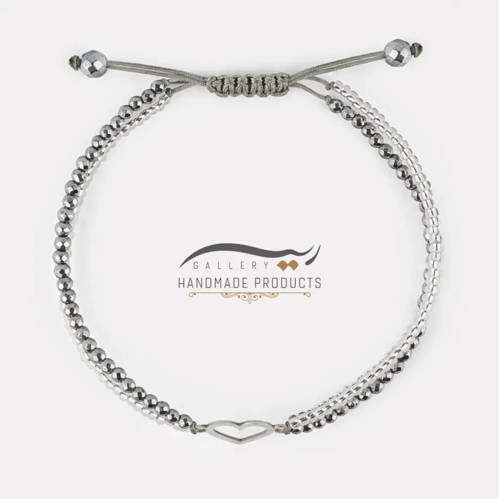 دستبند نقره زنانه قلب مینی یخی (ساخته شده از نقره، حدید و منجوق)