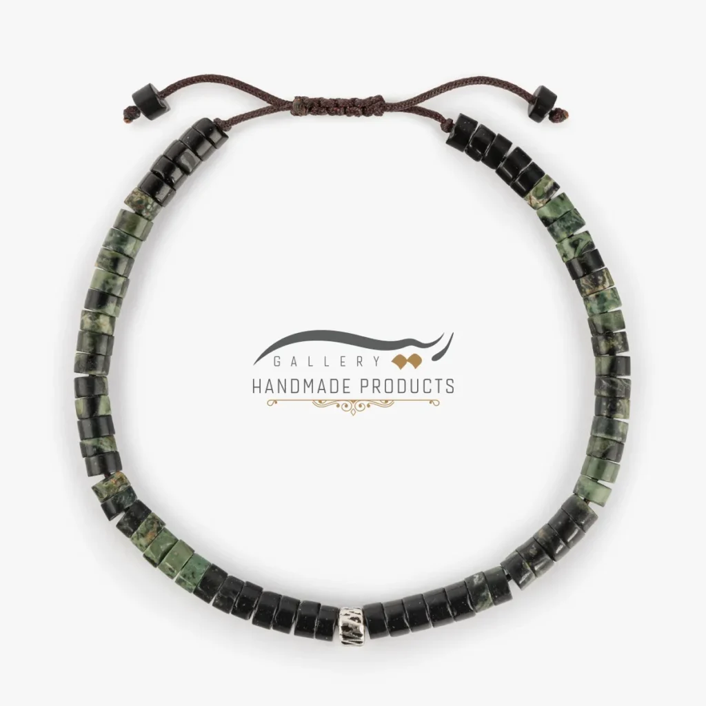 دستبند نقره مردانه میلیتاری (ساخته شده از اونیکس، گارنت سبز و نقره)