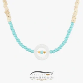 گردنبند طلا زنانه نیلگون (ساخته شده از طلا، صدف، چوب نارگیل و مهره پلاستیکی)